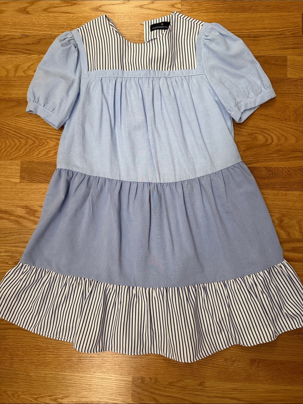 Pomander Place Light Blue Tiered Dress with Navy-White Stripes Tuckernuck